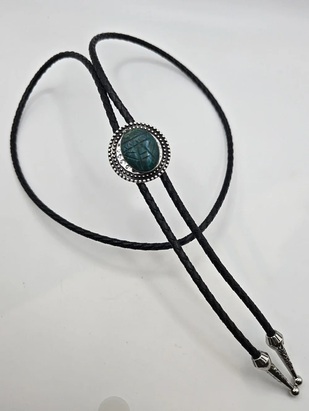 Silver Chrysocolla Scarab Western Bolo Tie Leather Braid Rockstar 70s Aesthetic